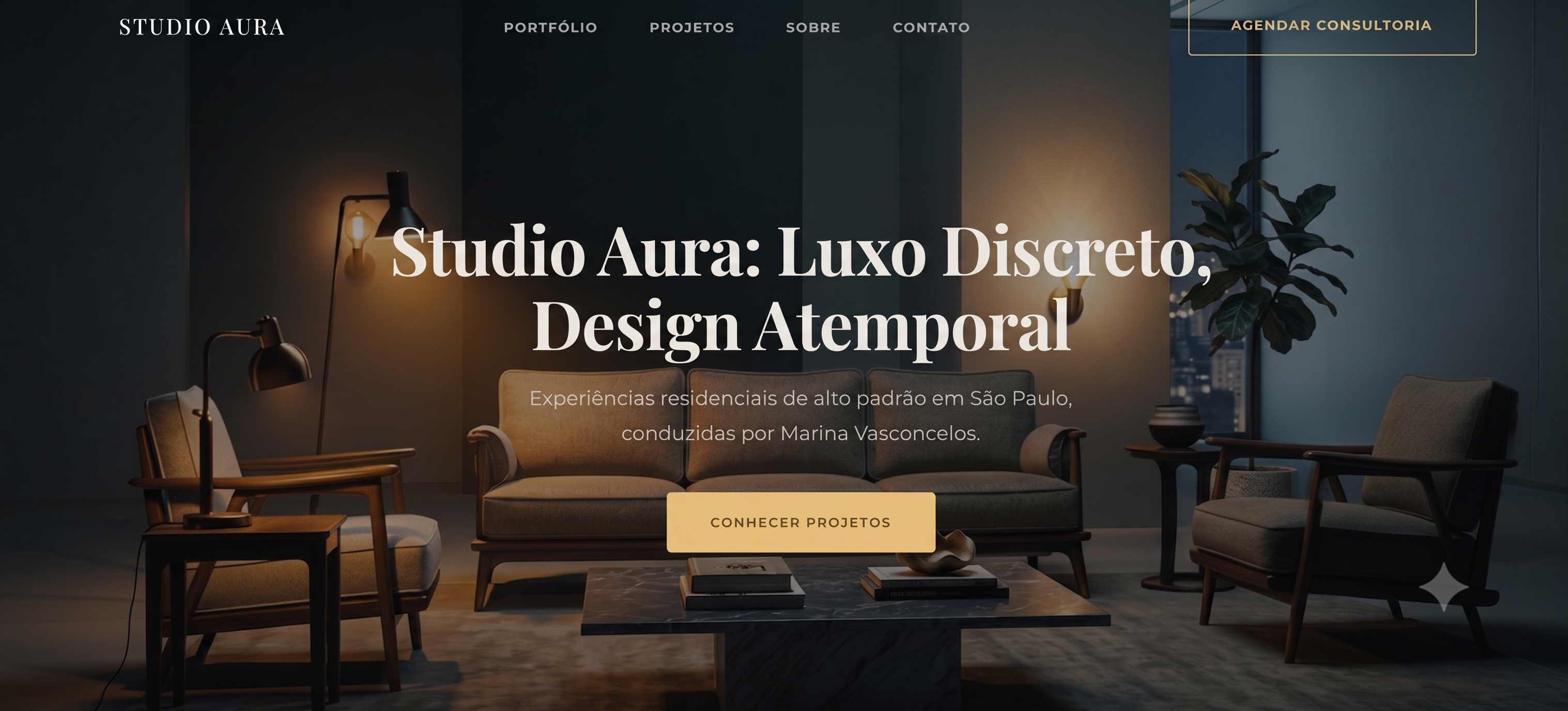 Landing page do Studio Aura, estúdio de design de interiores de alto padrão