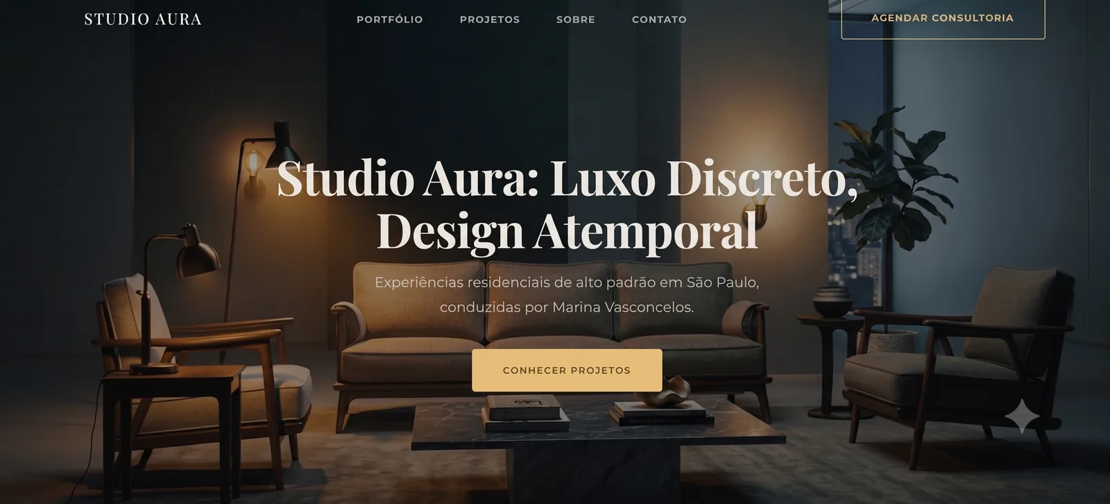 Landing page do Studio Aura, estúdio de design de interiores de alto padrão