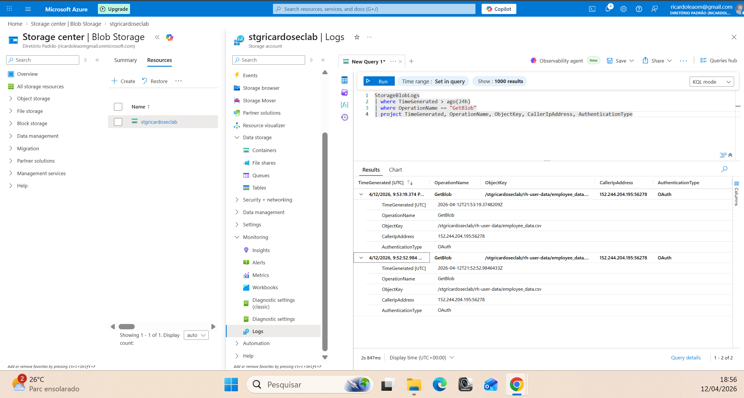 Console do Azure exibindo consulta KQL no Log Analytics para auditoria de acessos a um Blob Storage