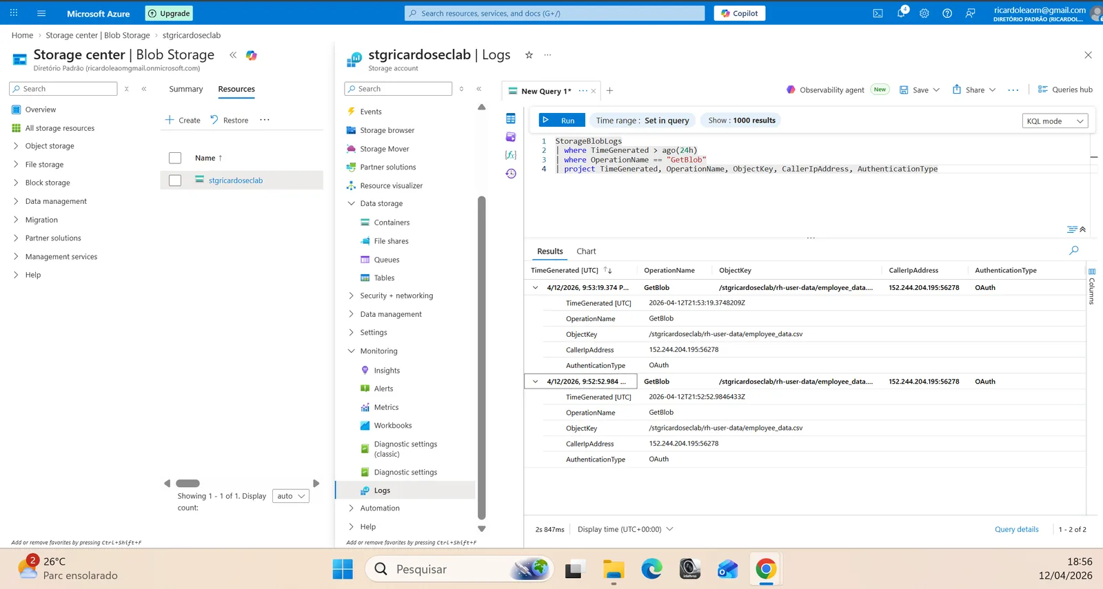 Console do Azure exibindo consulta KQL no Log Analytics para auditoria de acessos a um Blob Storage